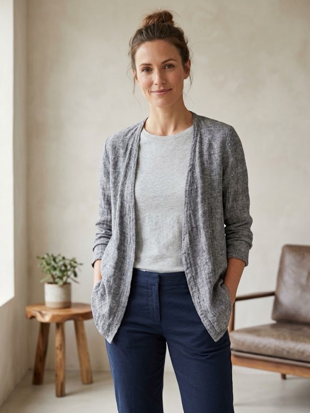 Pure Jill Linen Waterfall Cardigan Large Tall Gray Blue